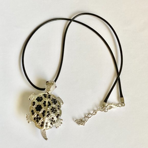 Crystal Sea Turtle Pendant Brooch Pin Necklace Silver Plated Black Cord 18" - Picture 11 of 12